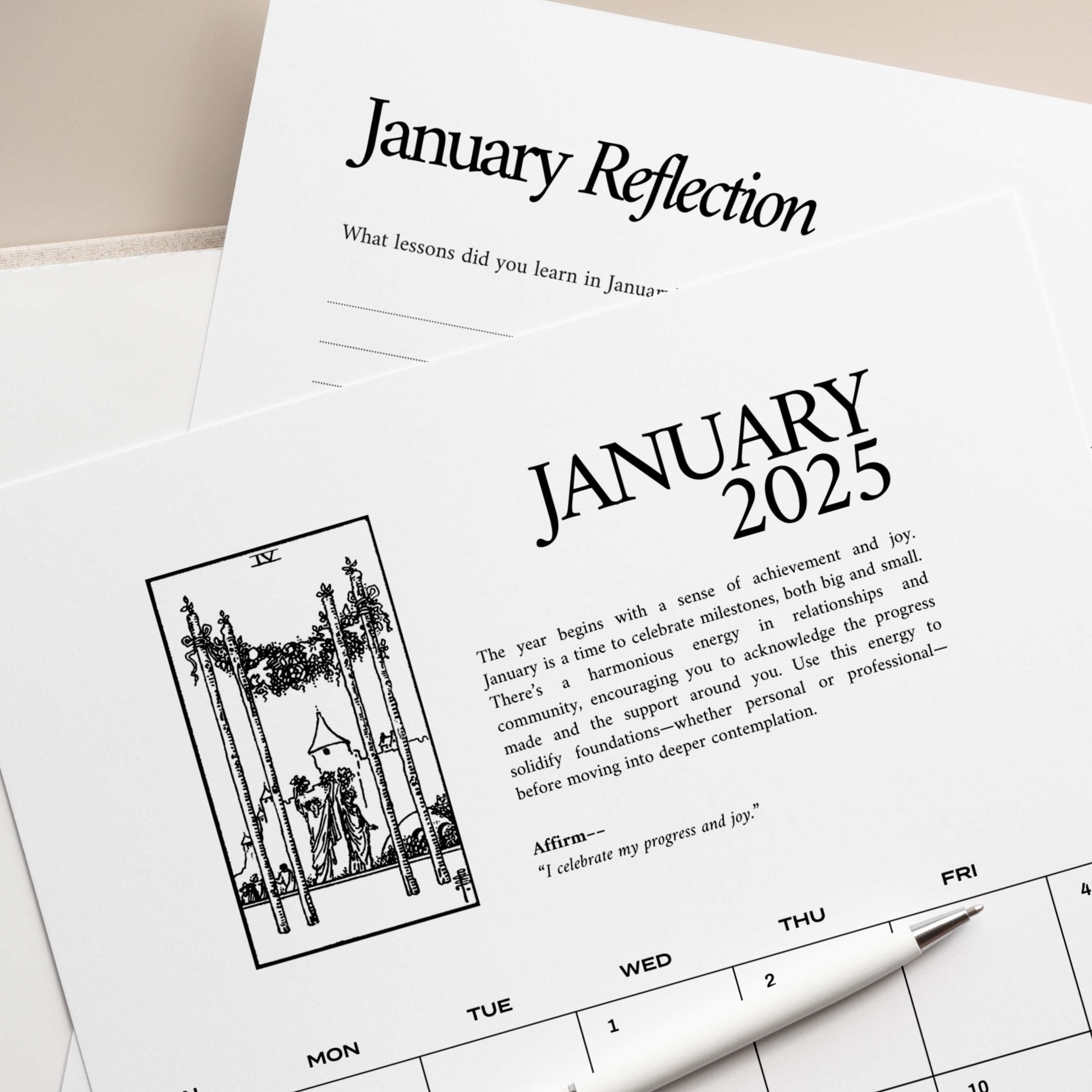 Close-up of the 2025 Tarotscopes Calendar featuring a January page with tarot card illustration, affirmation, and reflection section. Printable PDF for tarot and astrology insights.