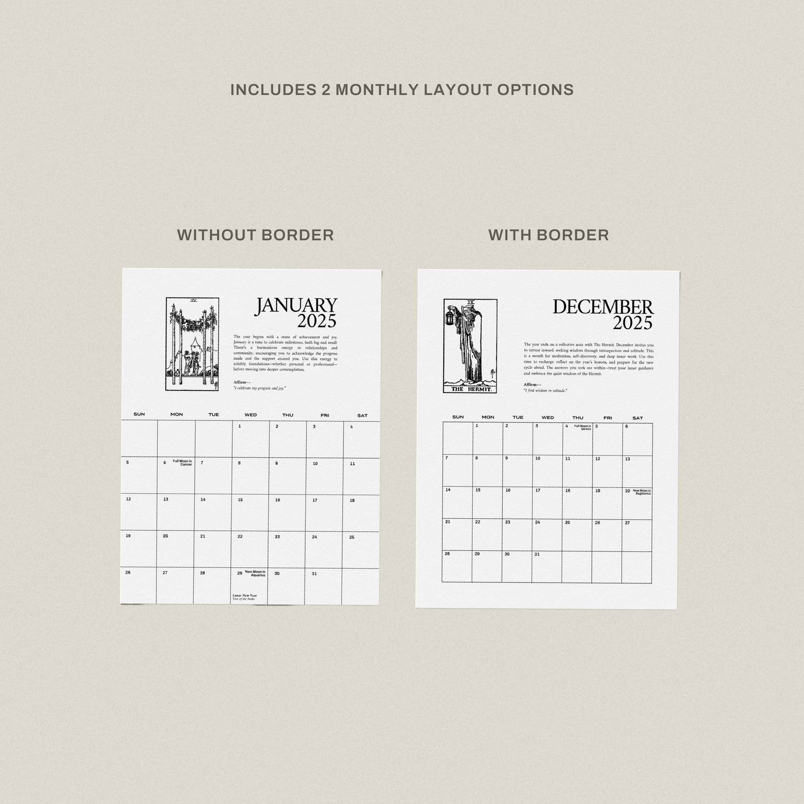 2025 Tarotscopes Calendar displaying two monthly layout options: January without border and December with border, featuring tarot card illustrations and affirmations. Printable PDF for personal reflection and astrology insights.