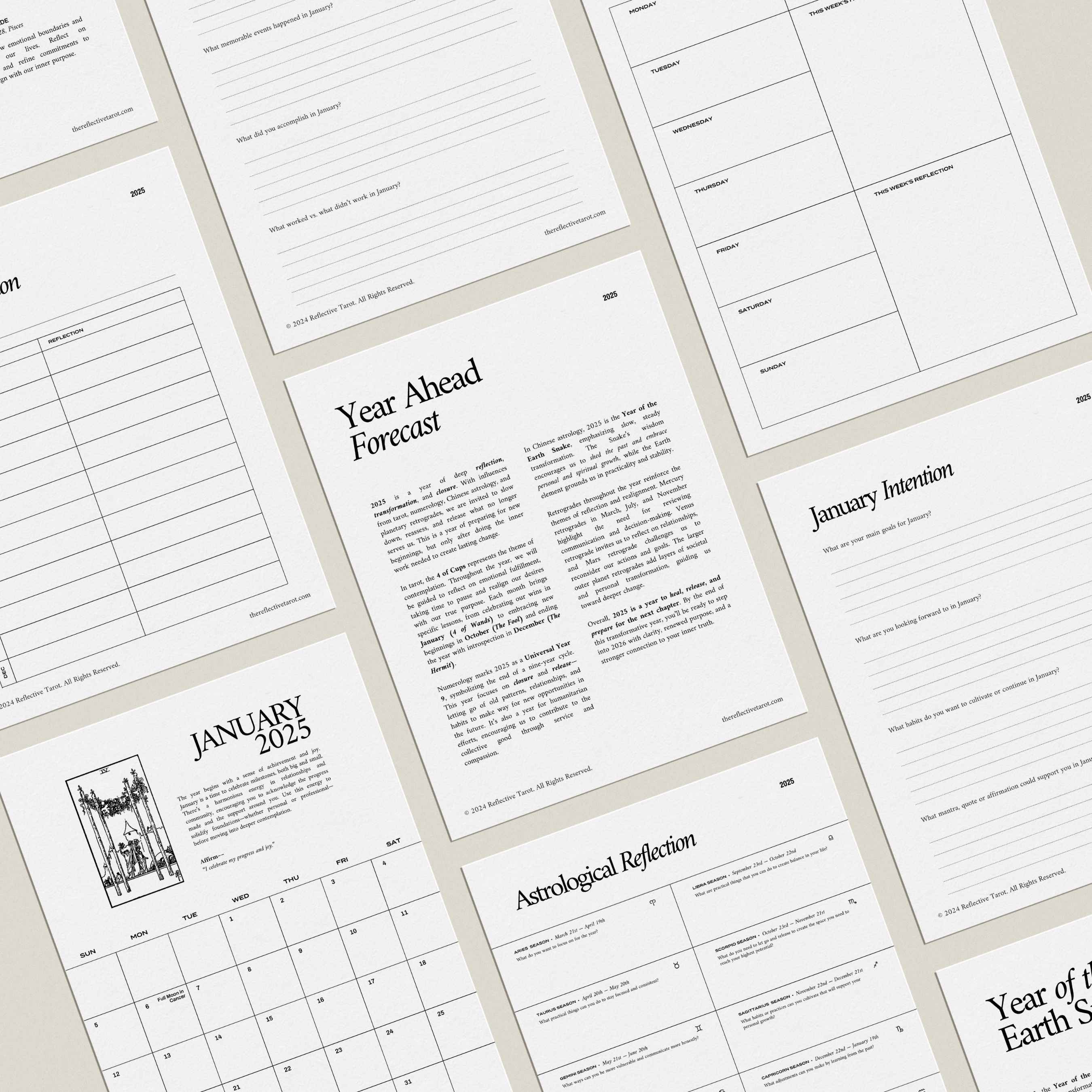 Overview of multiple pages from the 2025 Tarotscopes Calendar, including the Year Ahead Forecast, Astrological Reflection, and January Intention sections. Printable PDF for personal growth.