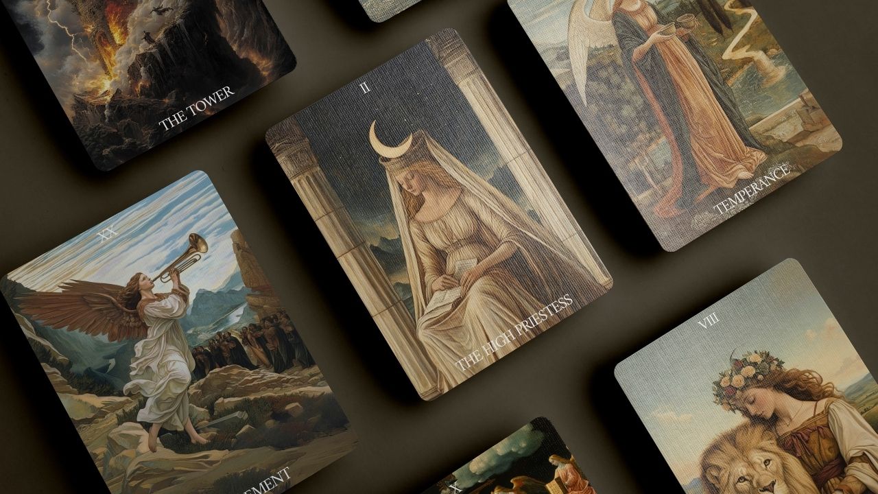 A flat lay of the PAX tarot cards featuring The Tower, The High Priestess, Temperance, and Strength. The cards showcase classical artwork with a vintage aesthetic, symbolizing powerful themes of transformation, trust, and balance in tarot.