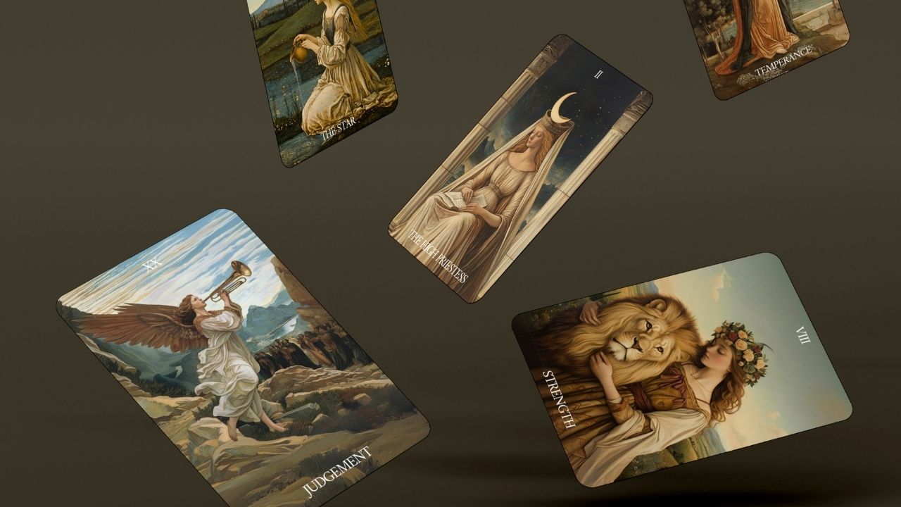 PAX Tarot cards with Renaissance-style illustrations floating gracefully, highlighting Major Arcana cards including Judgement, The High Priestess, and Strength.