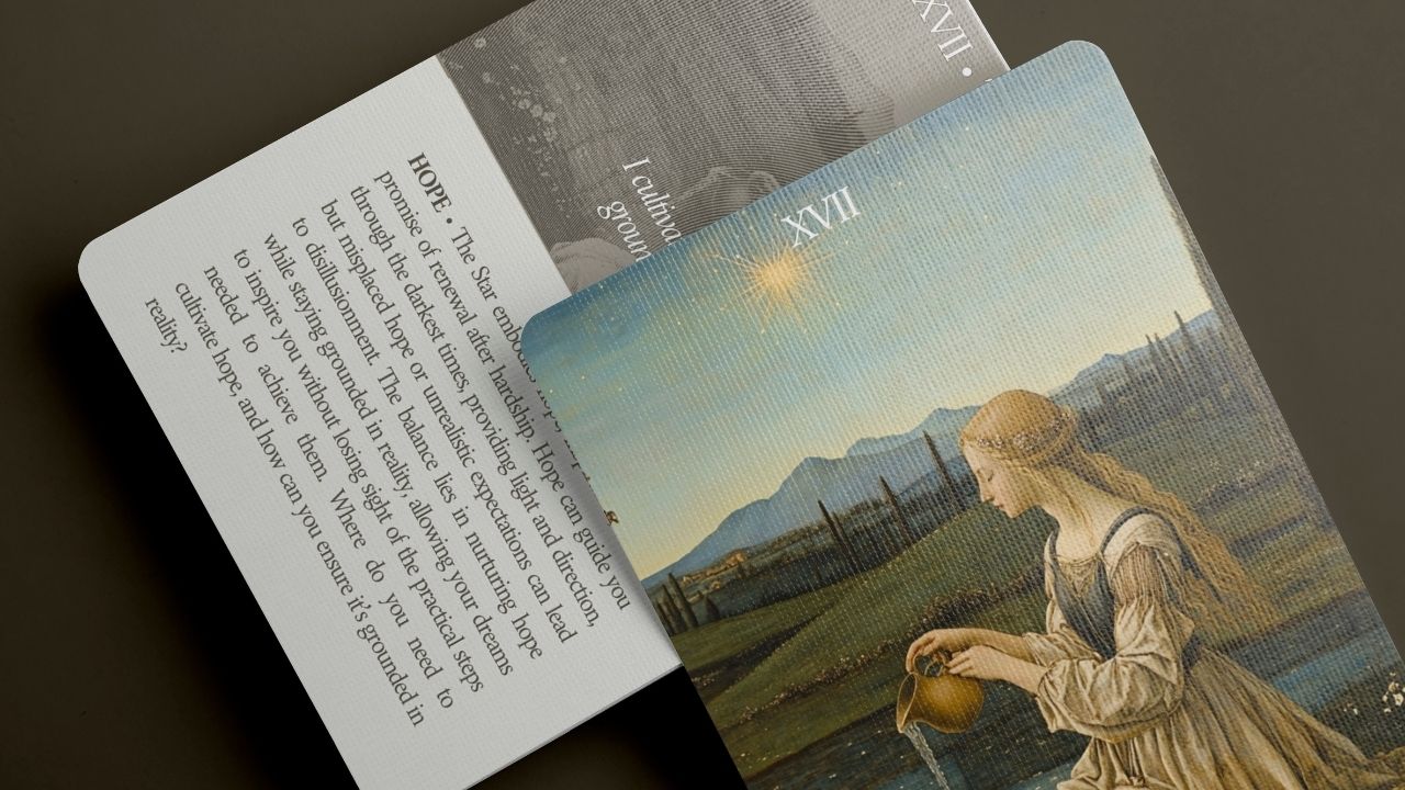 A detailed shot of The Star tarot card from the VIA & PAX tarot decks. The imagery highlights a serene figure pouring water, symbolizing hope, renewal, and inspiration, capturing the essence of new beginnings.