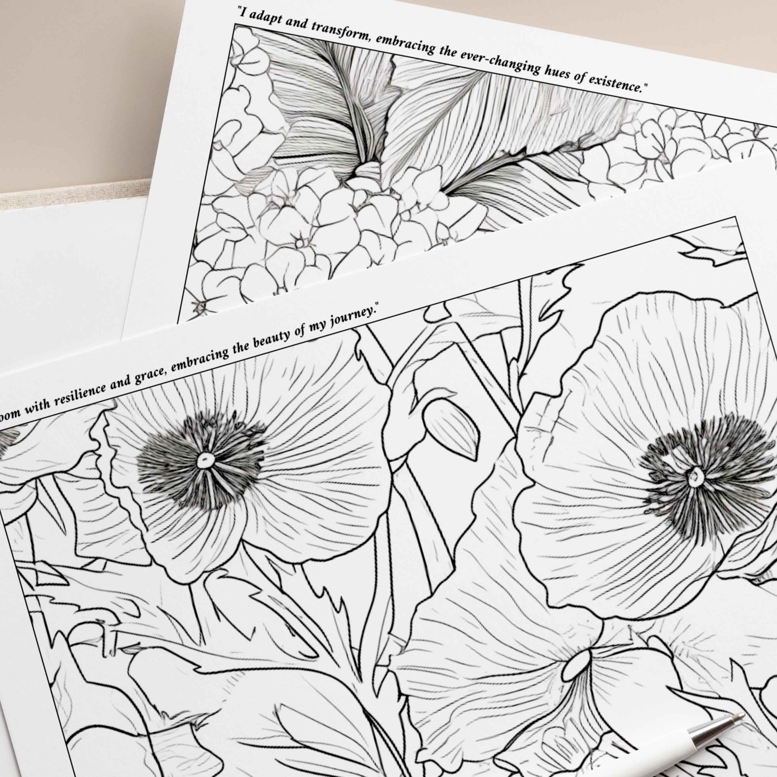 Detailed floral designs from The Calming Colorbook with affirmations for a relaxing coloring experience, promoting mindfulness and calm.