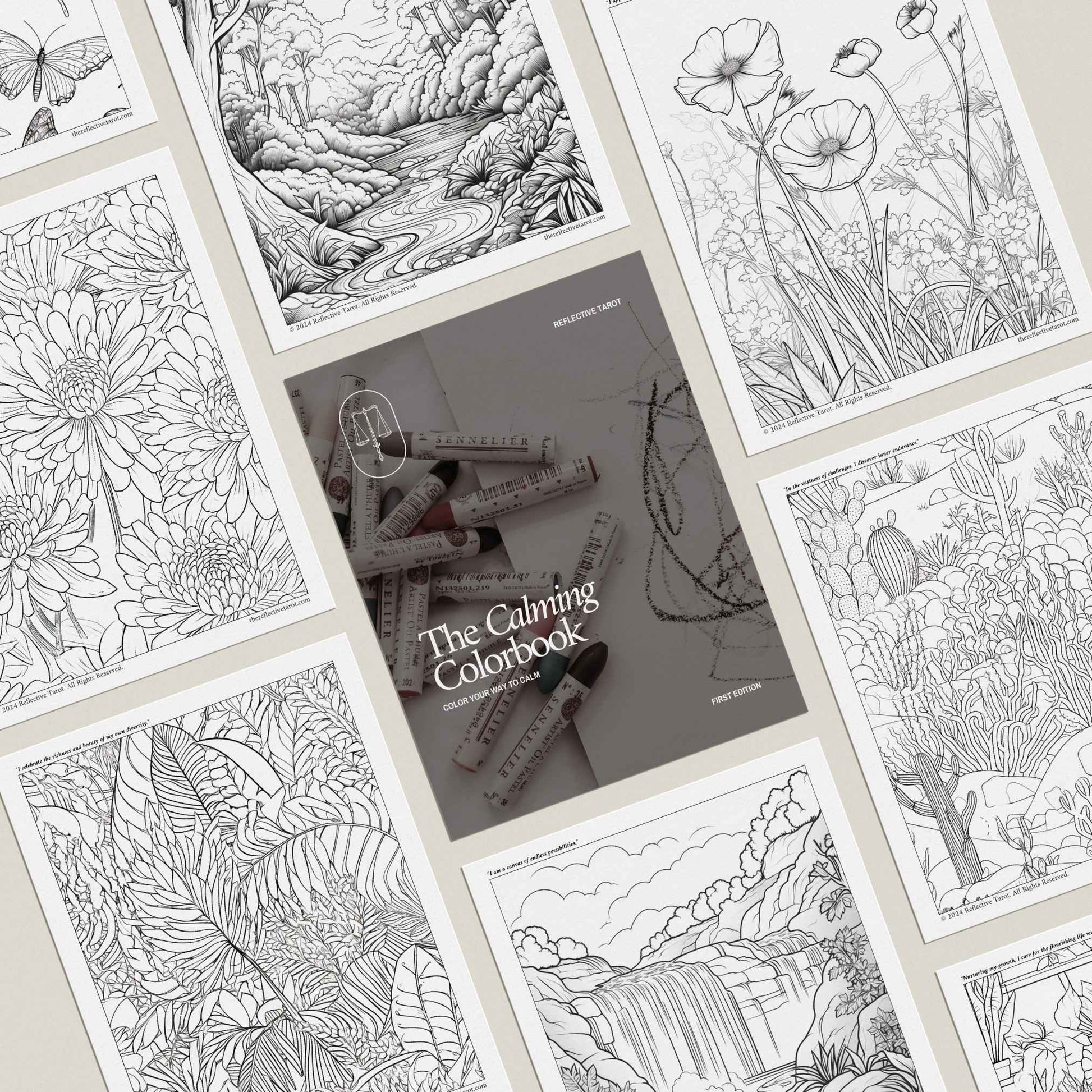 Overview of The Calming Colorbook’s various nature-inspired pages, including landscapes, flowers, and abstract designs, for stress relief through coloring.