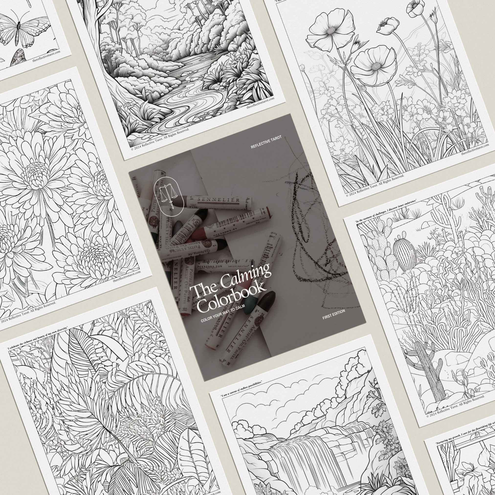 Overview of The Calming Colorbook’s various nature-inspired pages, including landscapes, flowers, and abstract designs, for stress relief through coloring.