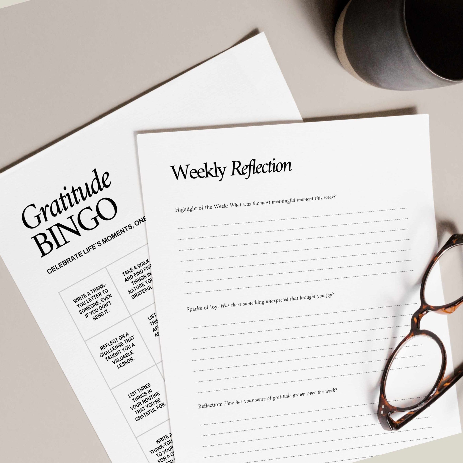 Close-up of the Gratitude Journal's weekly reflection and gratitude bingo sheets, featuring questions and prompts to enhance mindfulness and celebrate meaningful moments.