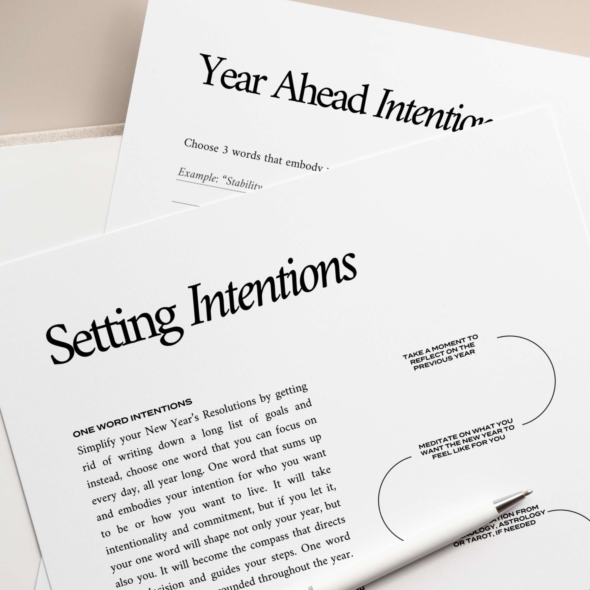 Close-up of intention-setting worksheets, featuring 'Setting Intentions' and 'Year Ahead Intentions' pages from the Intention Journal for structured goal planning.