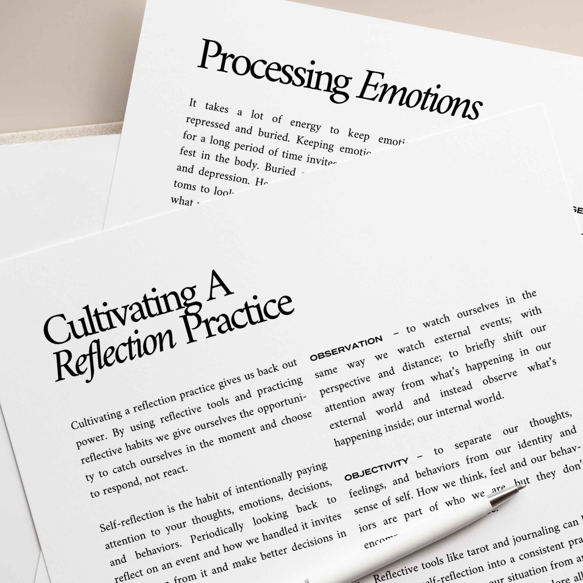 Detailed view of The Reflection Journal's pages on cultivating a reflection practice and processing emotions, with thoughtful journaling prompts and insights.