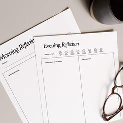 Close-up of The Reflection Journal's morning and evening reflection sheets, featuring sections for daily focus, affirmations, and reflection prompts.