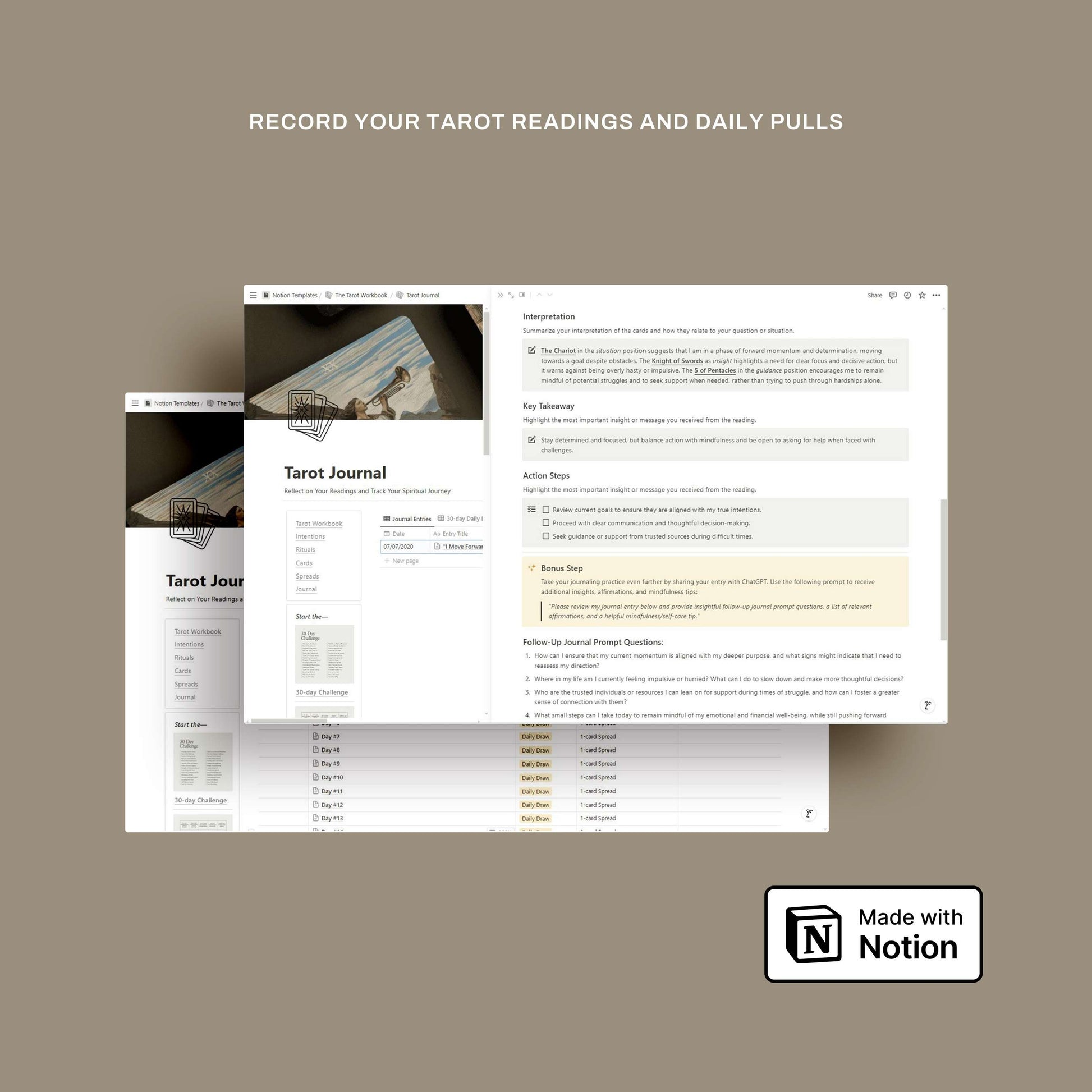 Record your tarot readings and daily card pulls using the Tarot Workbook Notion template, with sections for interpretation, key takeaways, and journaling prompts