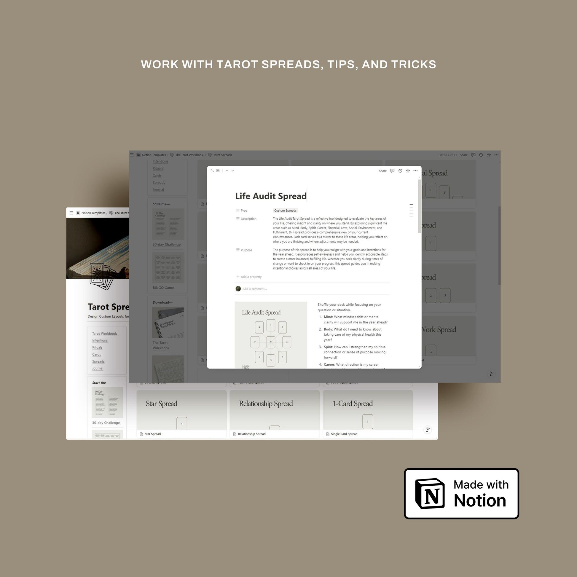 Work with tarot spreads, tips, and tricks using the Tarot Workbook Notion template, featuring spreads like the life audit, star spread, and relationship spread for guided insights.