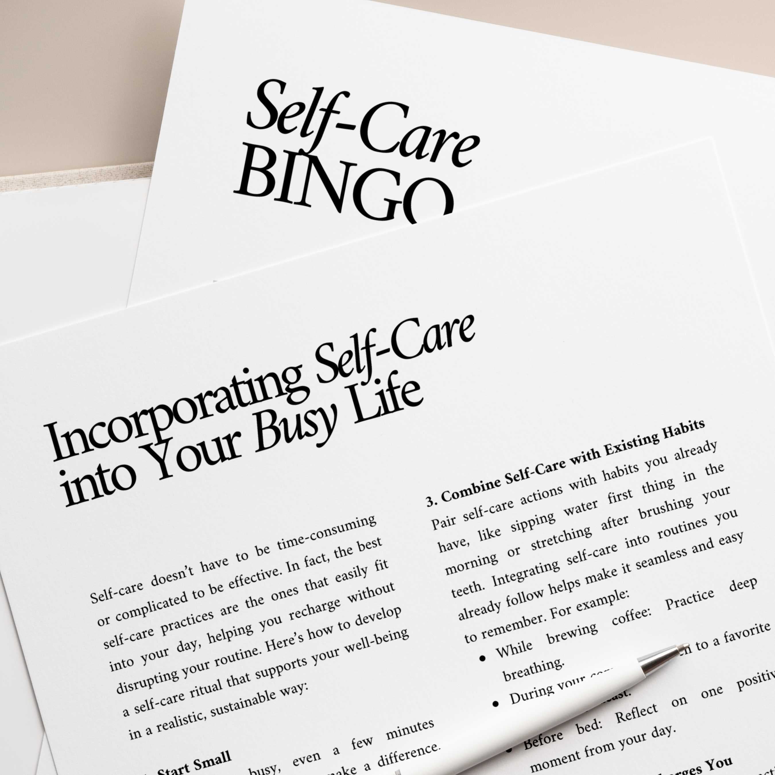 Detailed self-care guide with sections on integrating self-care into daily life and self-care bingo activity for mindful practice.