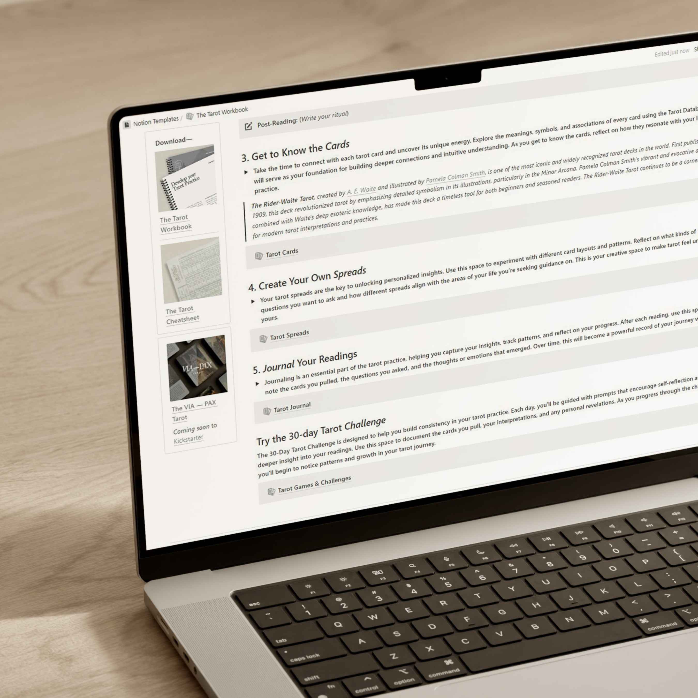 Laptop showing The Tarot Workbook Notion template, highlighting features such as journaling tarot readings, creating custom tarot spreads, and a 30-day tarot challenge for personal growth.